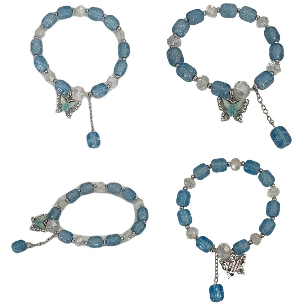 Blue and Clear Beaded Stretch Small Bracelet with Butterfly Charm